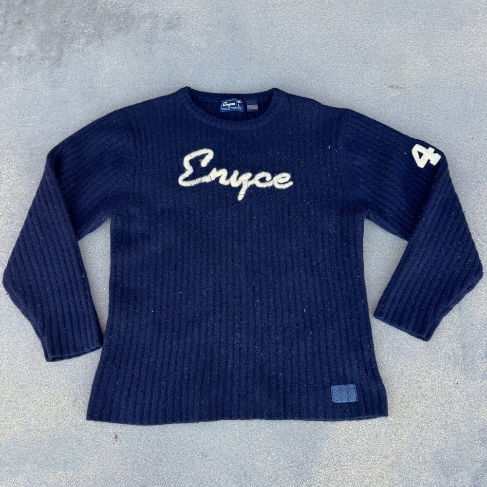 Vintage Enyce Navy Lambswool Ribbed Crewneck Sweater Script Logo 42 Patch Large